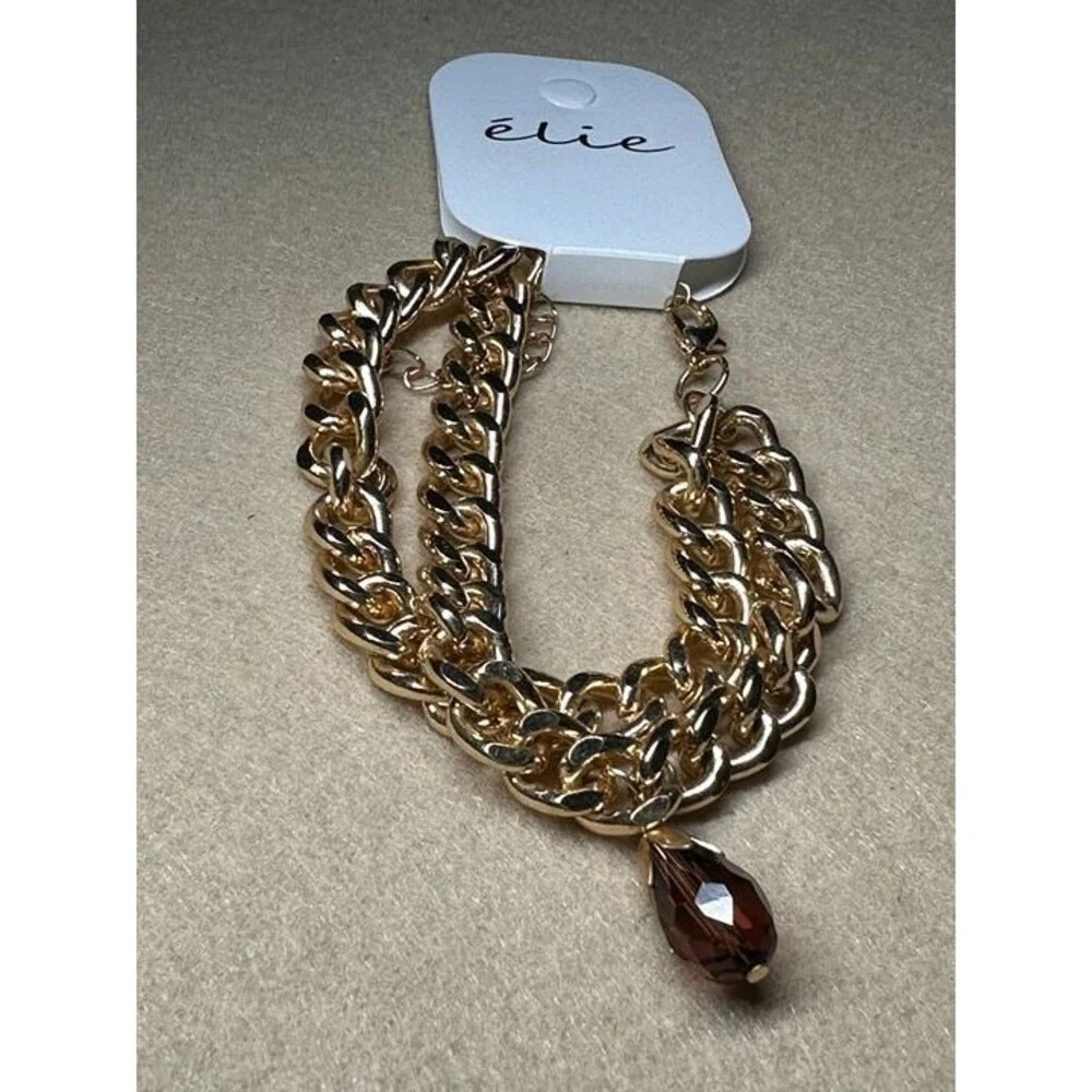 élie Gold Chunky Chain Bracelet Brown Teardrop Charm NWT New Boho Jewelry Gift